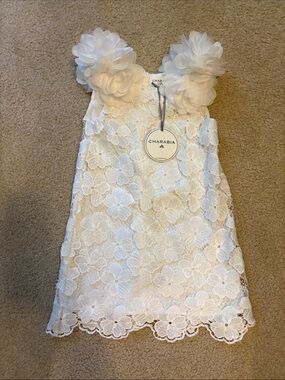 NWT CHARABIA White Floral Lace Flower-Strap Kids Dress